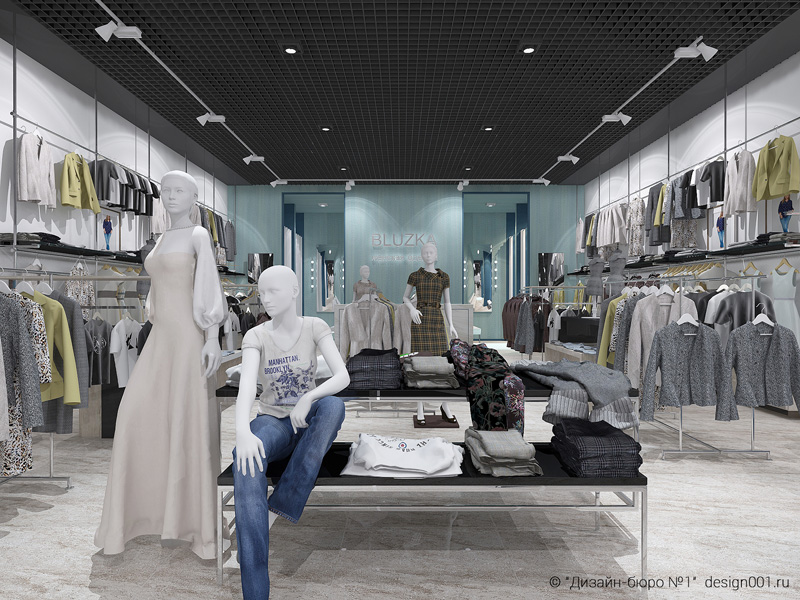магазин женской одежды мятнный цвет и черный, вид на общий зал, торговое оборудование и примерочные
